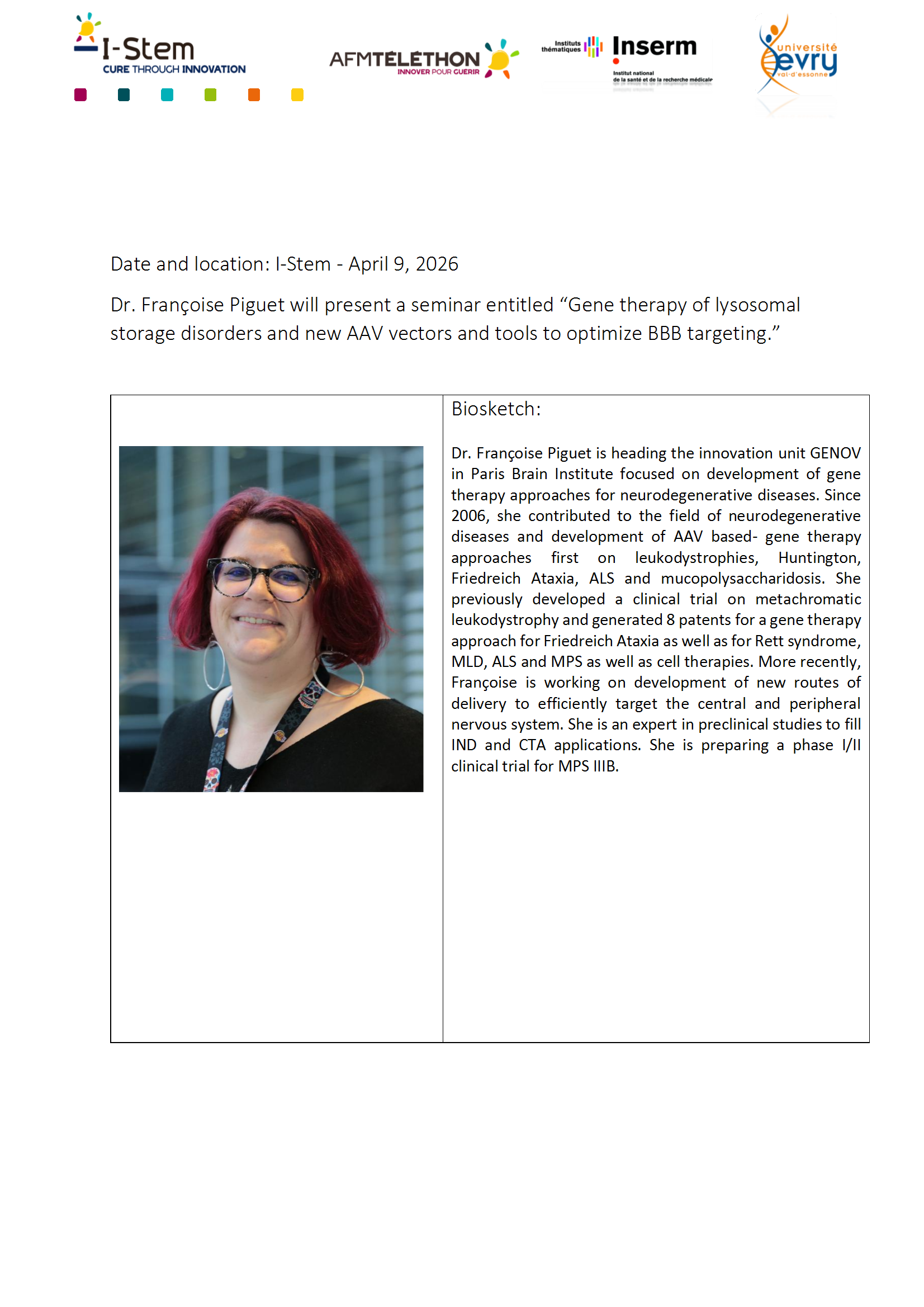 Dr. Françoise Piguet : Gene therapy of lysosomal storage disorders and new AAV vectors and tools to optimize BBB targeting.